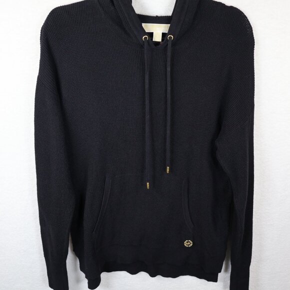 Michael Kors Waffle Knit Pullover Hoodie Sweater Black, Size Medium Lightweight - Picture 2 of 9